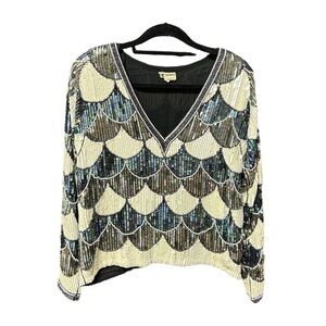MVintage beaded silk blouse black and white heavily beaded medium Sistermax